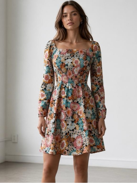 Blu Pepper Dresses & Skirts - Blu Pepper Smocked Bodice Multi-Color Floral Square-Neck Mini Dress With Liner